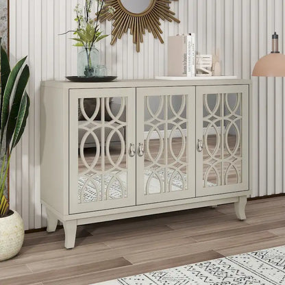 3 Door Mirrored Buffet Cabinet with Silver Handle - N/A