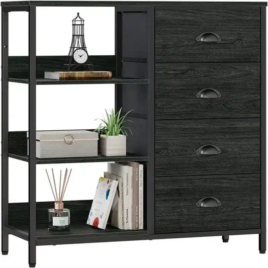 Black Dresser with 4 Drawers and Side Shelf - 11.4D x 28.3W x 31.8H