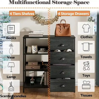 Black Dresser with 4 Drawers and Side Shelf - 11.4D x 28.3W x 31.8H