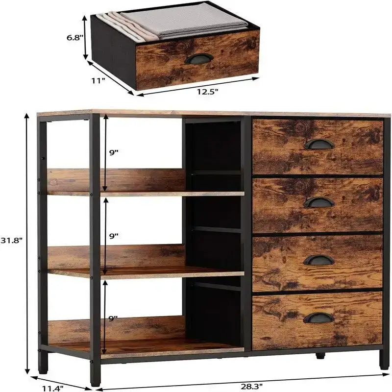 Black Dresser with 4 Drawers and Side Shelf - 11.4D x 28.3W x 31.8H