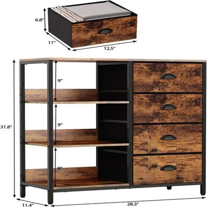 Black Dresser with 4 Drawers and Side Shelf - 11.4D x 28.3W x 31.8H