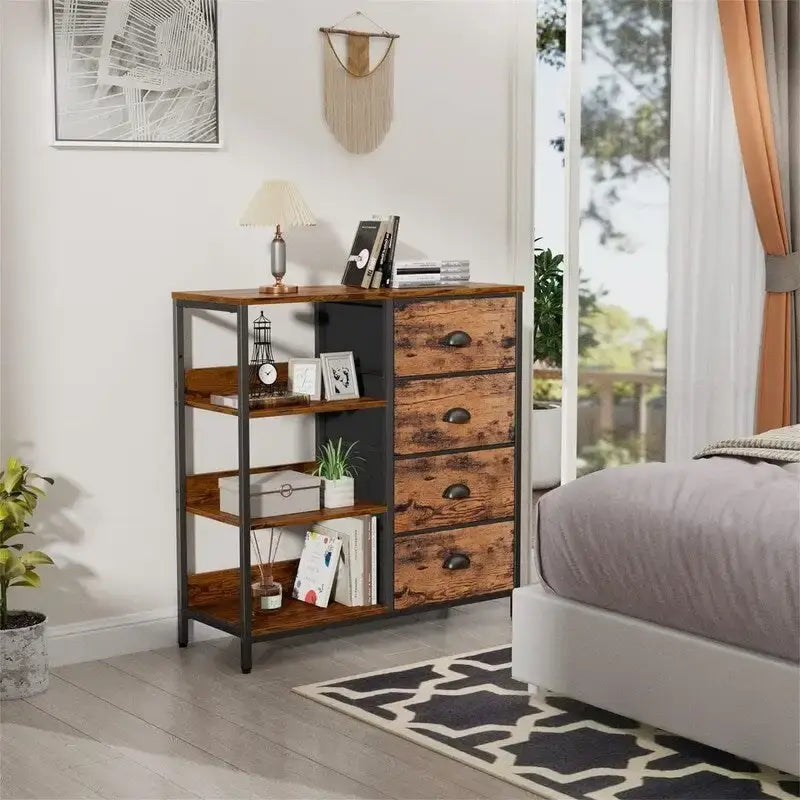 Black Dresser with 4 Drawers and Side Shelf - 11.4D x 28.3W x 31.8H