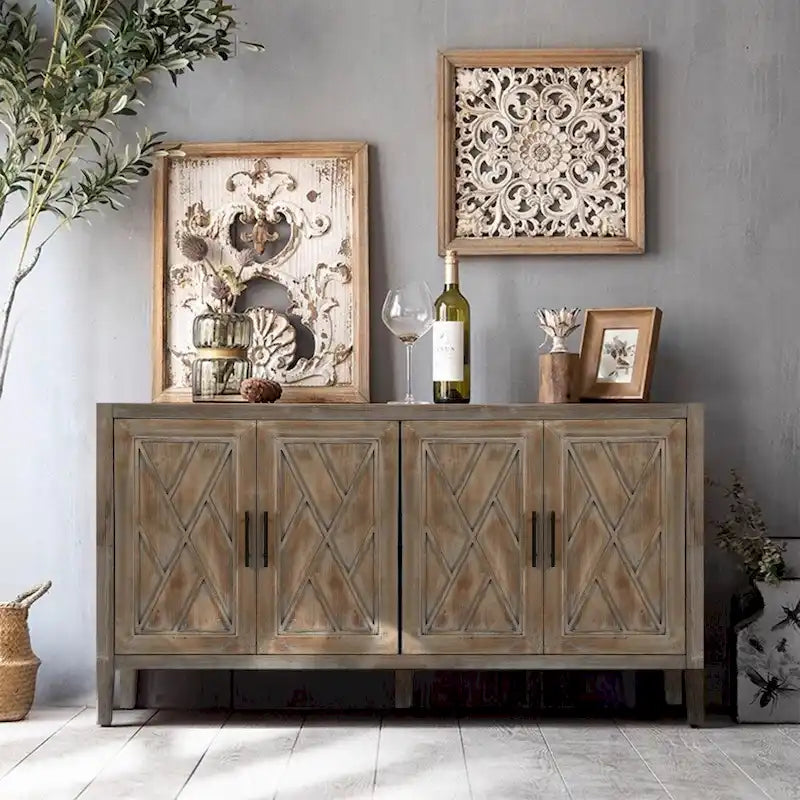 59.8in Vintage 4 Door Wooden Sideboard Living Room Entryway Cabinet