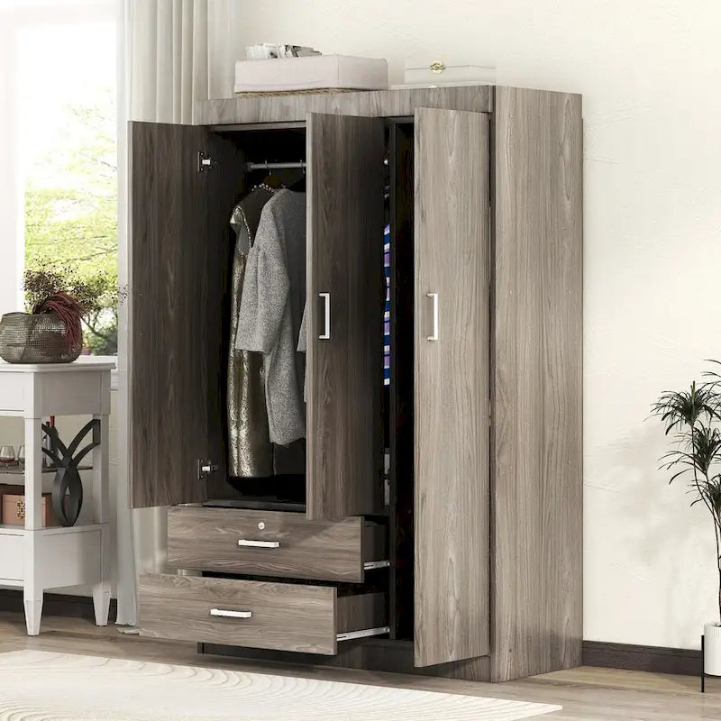 3-Door Wood Wardrobe with Drawers - N/A