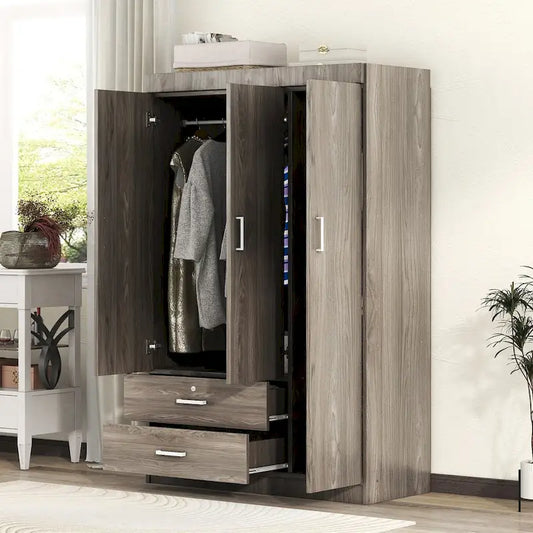 3-Door Wood Wardrobe with Drawers - N/A