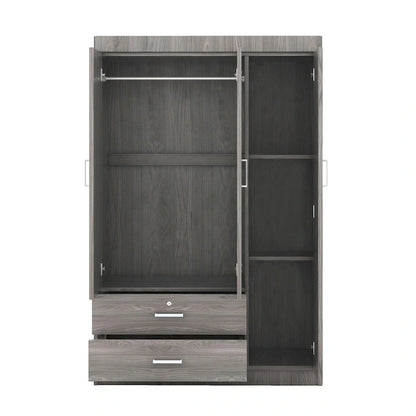 3-Door Wood Wardrobe with Drawers - N/A