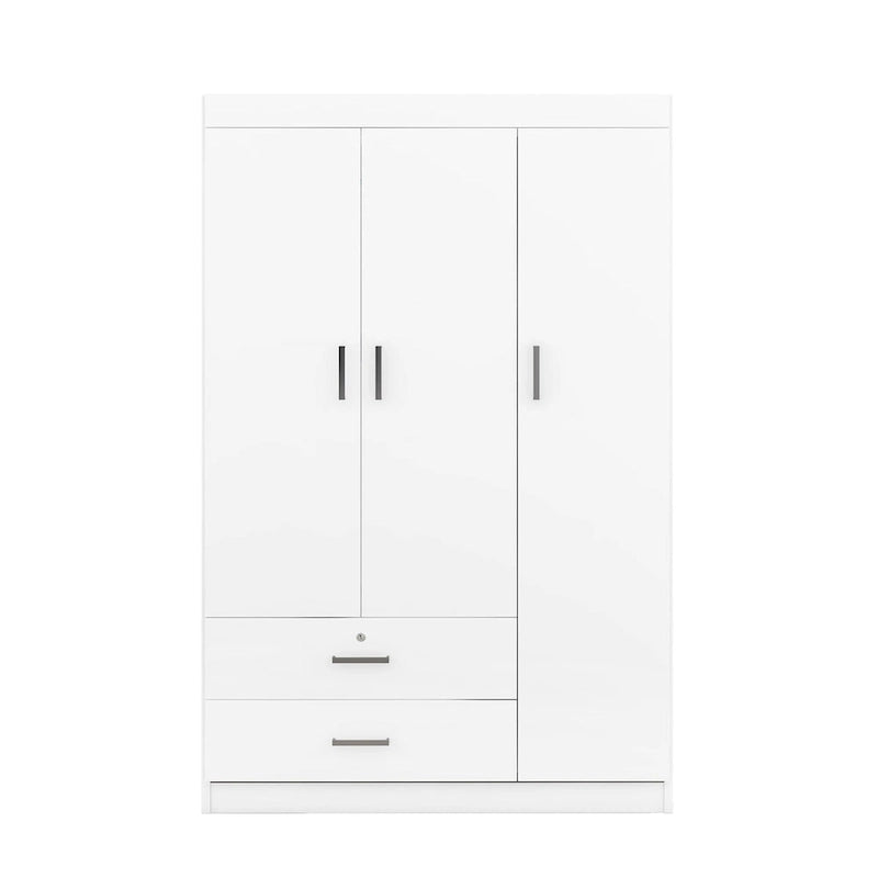 3-Door Wood Wardrobe with Drawers - N/A