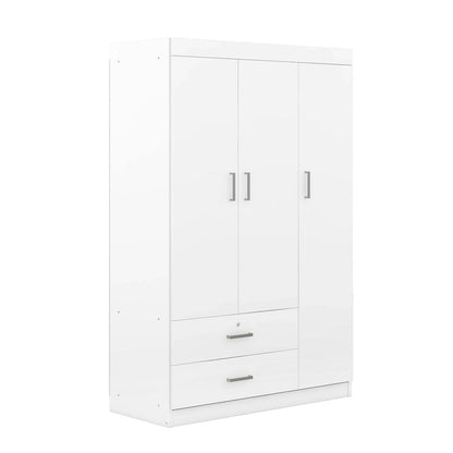 3-Door Wood Wardrobe with Drawers - N/A