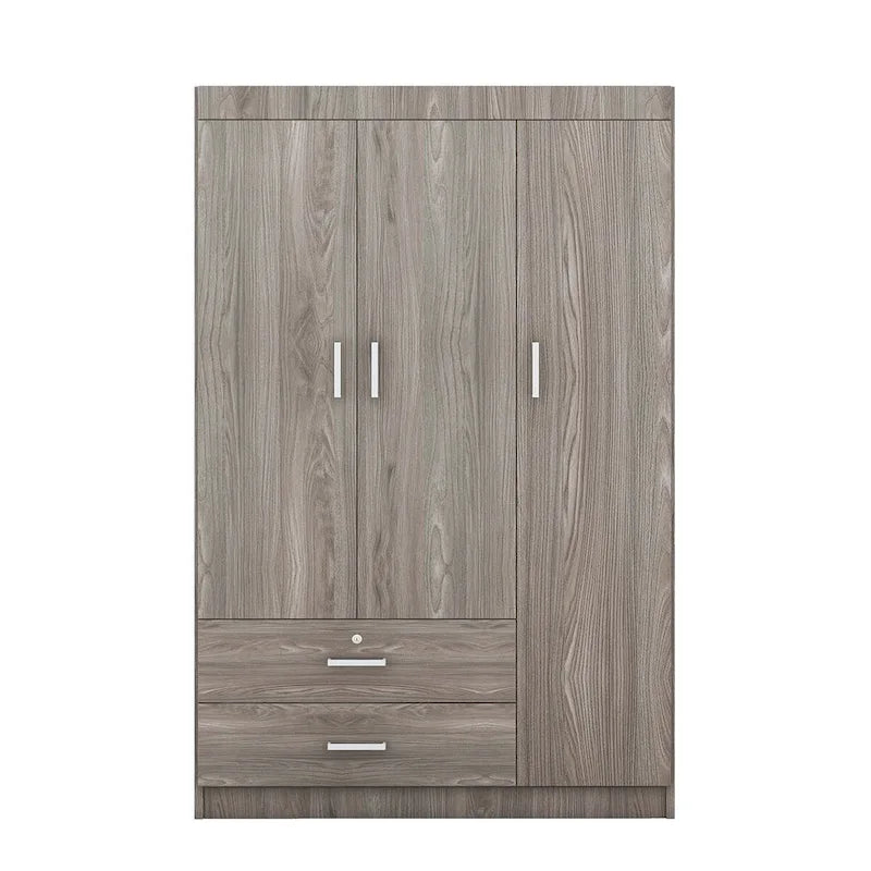 3-Door Wood Wardrobe with Drawers - N/A