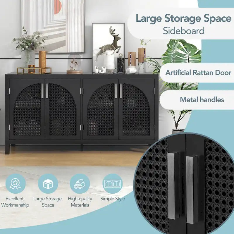 Large Storage Space Sideboard with Artificial Rattan Door - N/A