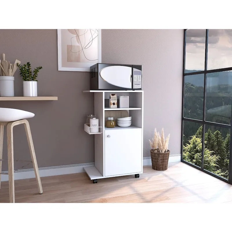 Kitchen Cart Kryot, Single Door Cabinet, Four Casters, White Finish,High quality and durable
