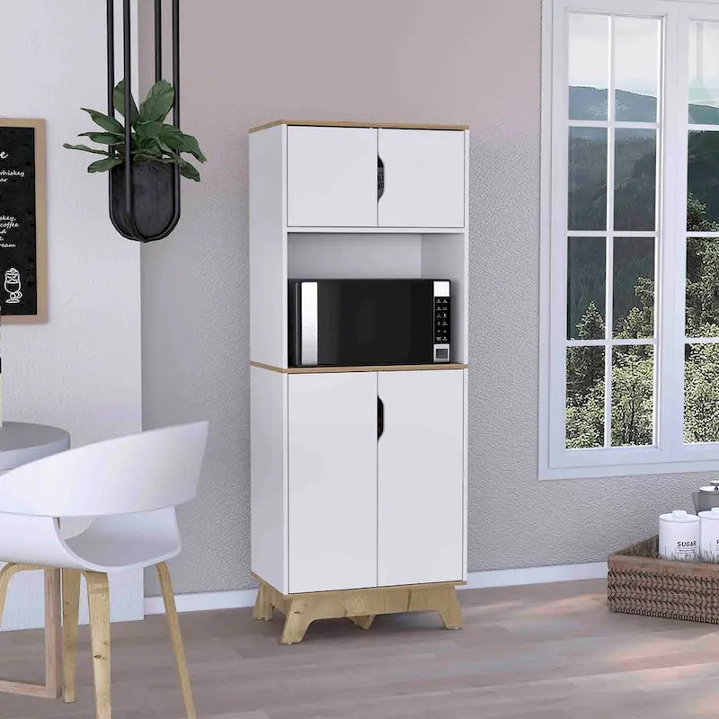 Microwave Tall Cabinet Counter Surface, Top And Lower Double Doors Cabinets -Light Oak / White