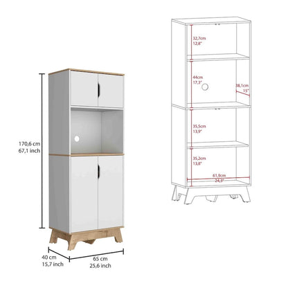 Microwave Tall Cabinet Counter Surface, Top And Lower Double Doors Cabinets -Light Oak / White