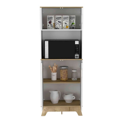 Microwave Tall Cabinet Counter Surface, Top And Lower Double Doors Cabinets -Light Oak / White