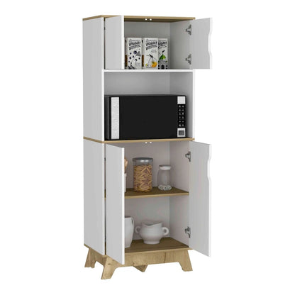 Microwave Tall Cabinet Counter Surface, Top And Lower Double Doors Cabinets -Light Oak / White