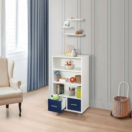 Kids Toy Storage Organize, Children Bookcase with Drawers, White/Blue