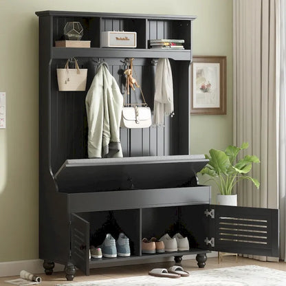 47.2 Entryway Bench with Shutter-Shaped Doors, Coat Rack, Cushion and 4 Sturdy Hooks