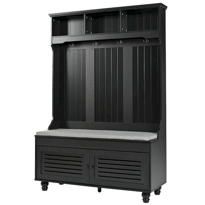 47.2 Entryway Bench with Shutter-Shaped Doors, Coat Rack, Cushion and 4 Sturdy Hooks