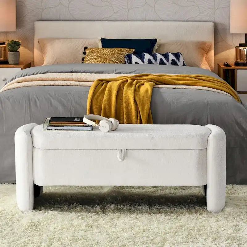 Oval Ottoman Storage Bench Chenille Fabric Bench with Large Storage Space