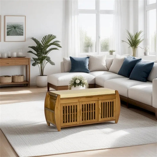 Bamboo Shoe Bench with Seating Cushion and Hidden Compartment