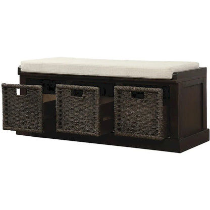 Entryway Bench with 3 Removable Classic Rattan Baskets - 43.7L x 15.7W x 17H