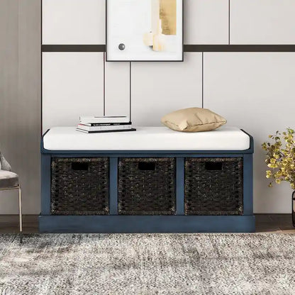 Entryway Bench with 3 Removable Classic Rattan Baskets - 43.7L x 15.7W x 17H