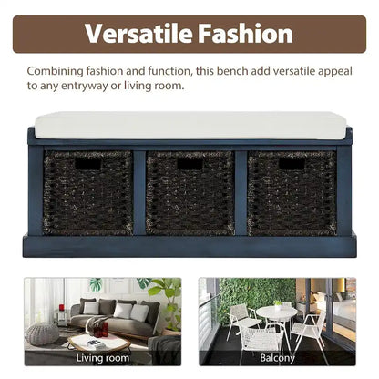 Entryway Bench with 3 Removable Classic Rattan Baskets - 43.7L x 15.7W x 17H