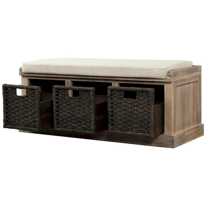Entryway Bench with 3 Removable Classic Rattan Baskets - 43.7L x 15.7W x 17H