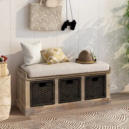 Entryway Bench with 3 Removable Classic Rattan Baskets - 43.7L x 15.7W x 17H