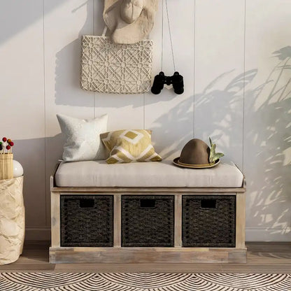 Entryway Bench with 3 Removable Classic Rattan Baskets - 43.7L x 15.7W x 17H