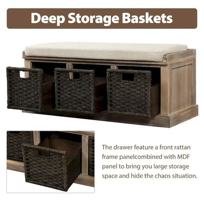 Entryway Bench with 3 Removable Classic Rattan Baskets - 43.7L x 15.7W x 17H