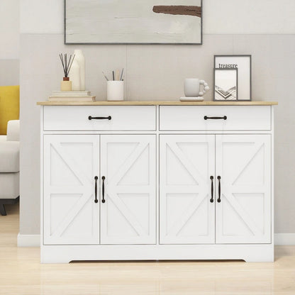 47.95 Farmhouse Buffet Cabinet Storage Sideboard with 2 Drawers and 4 Doors for Dining Living Room Kitchen Cupboard-White
