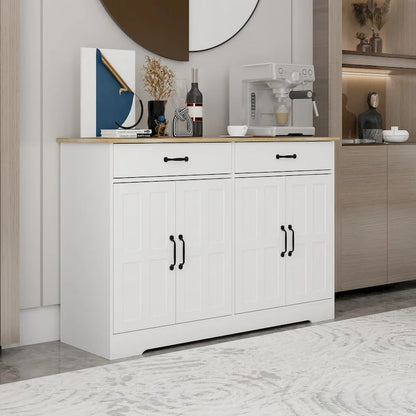 47.95 Farmhouse Buffet Cabinet Storage Sideboard with 2 Drawers and 4 Doors for Dining Living Room Kitchen Cupboard-White