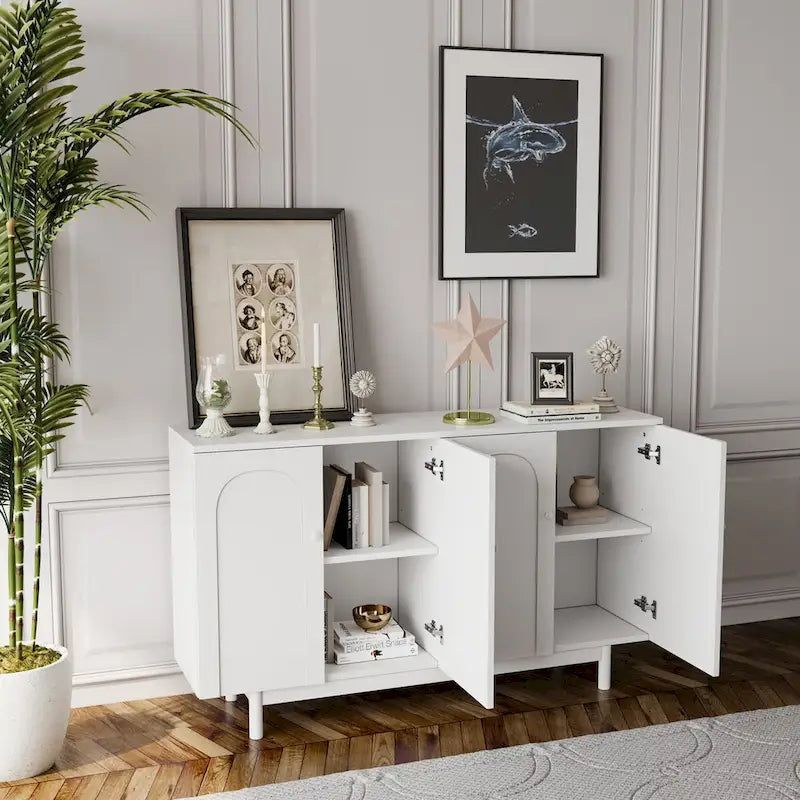 Stylish and Functional 4-Door Storage Cabinet with Pine Legs, Solid Wood Pulls and MDF, for Living Room Bedroom,and Kitchen