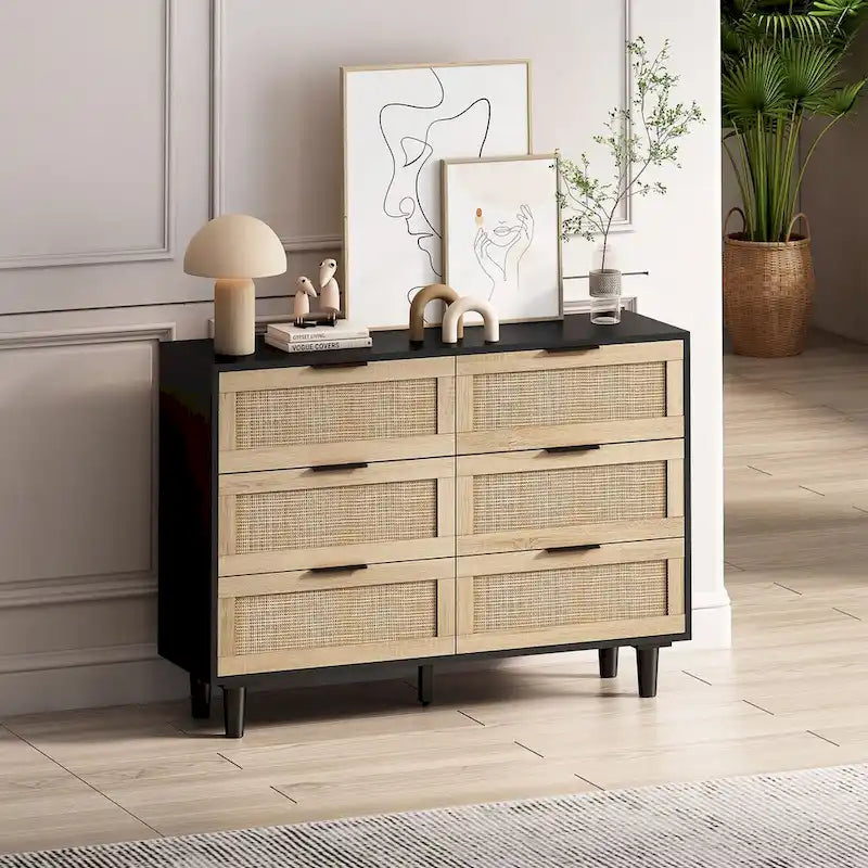 43.316-Drawers Rattan Storage Cabinet Rattan Drawer,for Bedroom,Living Room,Black