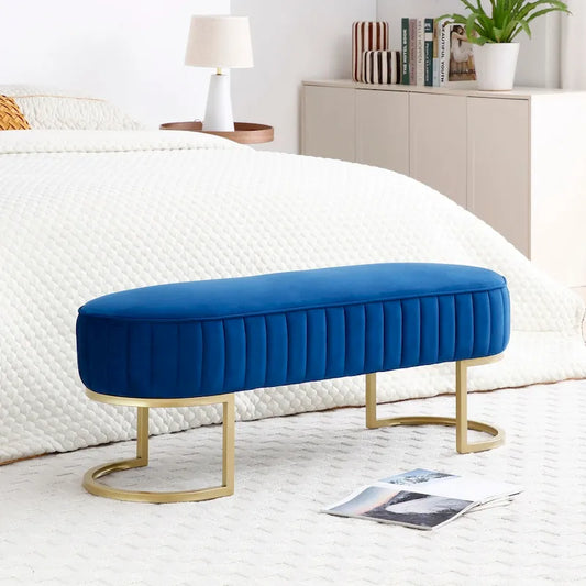 Bedroom Bench ,Velvet Oval Upholstered End of Bed Bench with Golden Metal Legs ,48 Storage Ottoman Bench