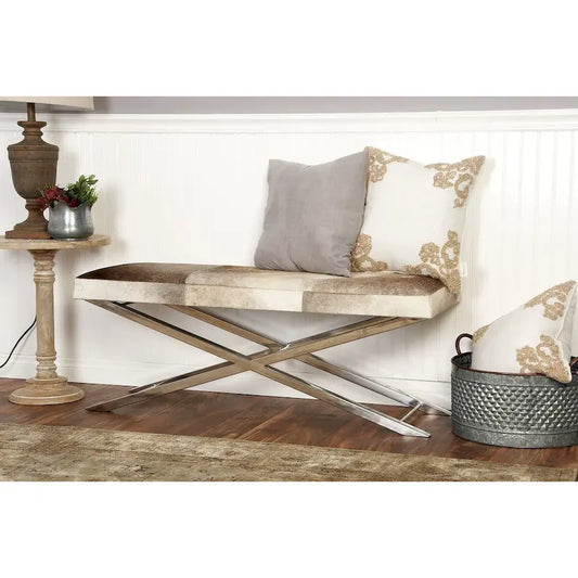 Leather Bench or Stool with Silver X-Shaped Stainless Metal Base - Beige or Gray - Roche River Decor