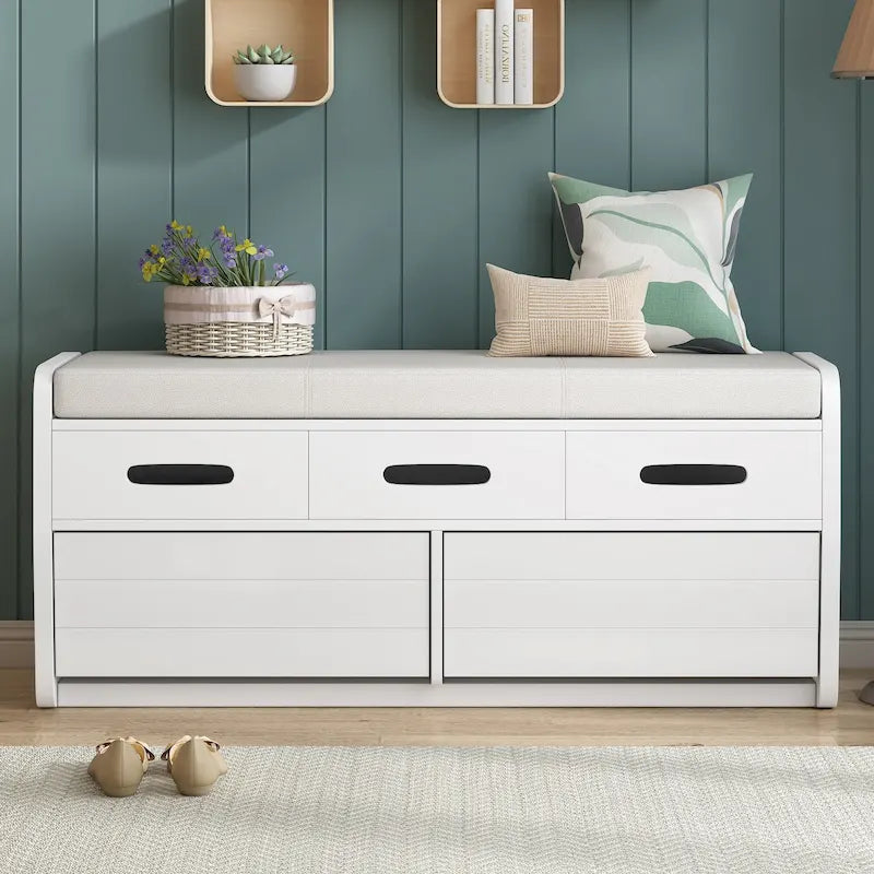 Rustic Storage Bench with 2 Drawers, Hidden Storage Space, and 3 False Drawers at the Top, Shoe Bench for Living Room, Entryway