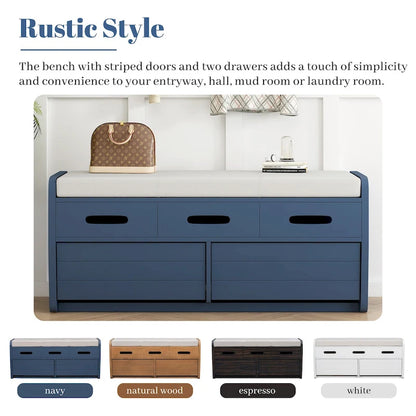 Rustic Storage Bench with 2 Drawers, Hidden Storage Space, and 3 False Drawers at the Top, Shoe Bench for Living Room, Entryway