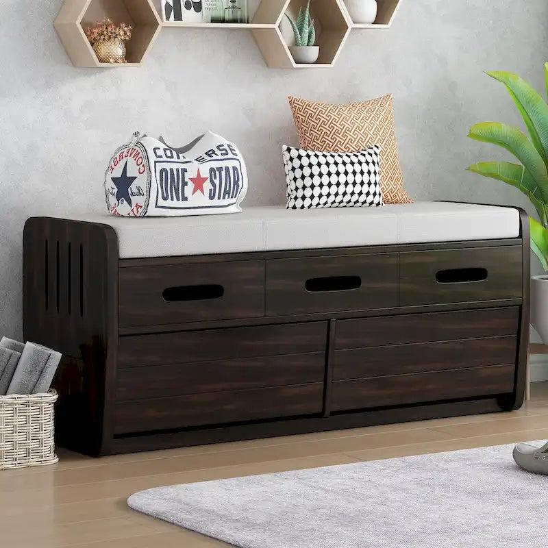 Rustic Storage Bench with 2 Drawers, Hidden Storage Space, and 3 False Drawers at the Top, Shoe Bench for Living Room, Entryway