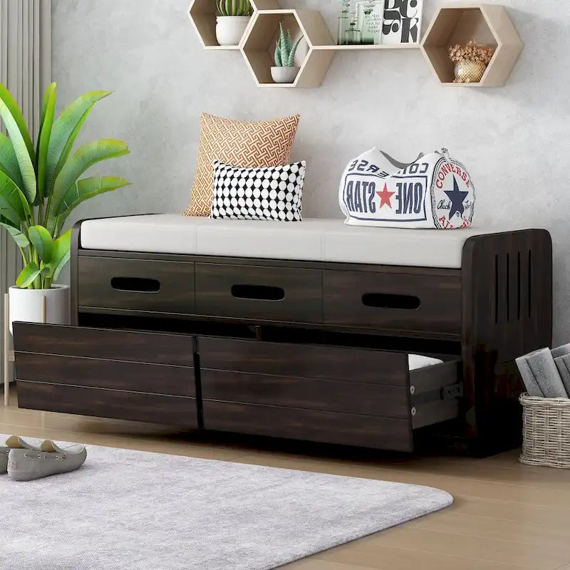 Rustic Storage Bench with 2 Drawers, Hidden Storage Space, and 3 False Drawers at the Top, Shoe Bench for Living Room, Entryway