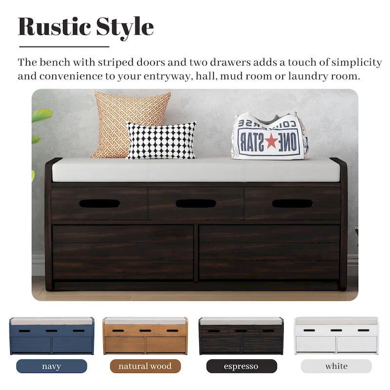 Rustic Storage Bench with 2 Drawers, Hidden Storage Space, and 3 False Drawers at the Top, Shoe Bench for Living Room, Entryway