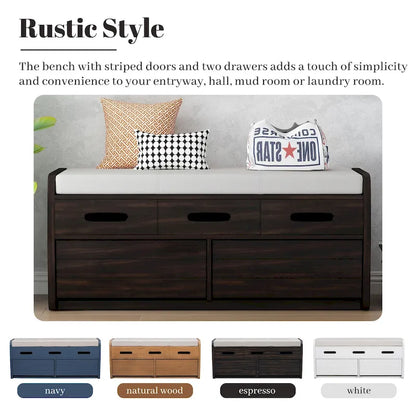Rustic Storage Bench with 2 Drawers, Hidden Storage Space, and 3 False Drawers at the Top, Shoe Bench for Living Room, Entryway