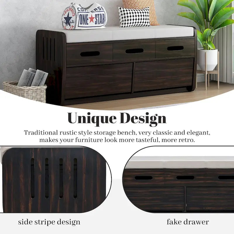 Rustic Storage Bench with 2 Drawers, Hidden Storage Space, and 3 False Drawers at the Top, Shoe Bench for Living Room, Entryway
