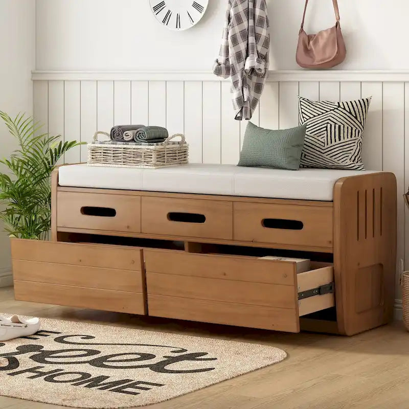 Rustic Storage Bench with 2 Drawers, Hidden Storage Space, and 3 False Drawers at the Top, Shoe Bench for Living Room, Entryway
