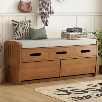 Rustic Storage Bench with 2 Drawers, Hidden Storage Space, and 3 False Drawers at the Top, Shoe Bench for Living Room, Entryway