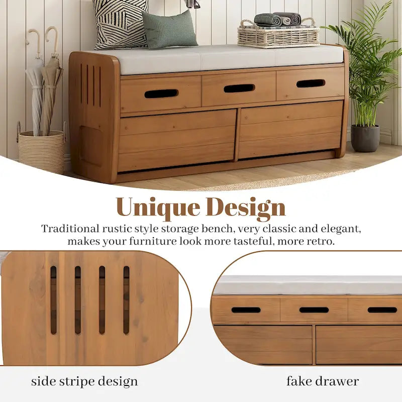 Rustic Storage Bench with 2 Drawers, Hidden Storage Space, and 3 False Drawers at the Top, Shoe Bench for Living Room, Entryway