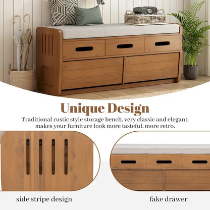Rustic Storage Bench with 2 Drawers, Hidden Storage Space, and 3 False Drawers at the Top, Shoe Bench for Living Room, Entryway