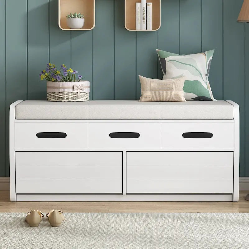 Rustic Storage Bench with 2 Drawers, Hidden Storage Space, and 3 False Drawers at the Top, Shoe Bench for Living Room, Entryway