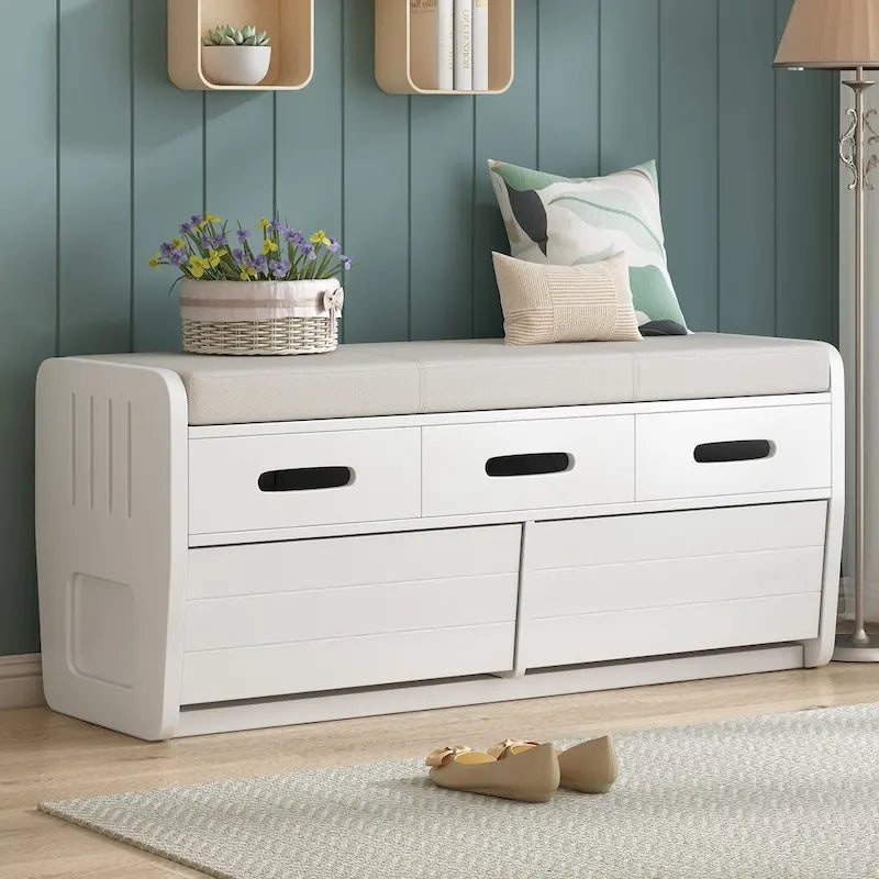 Rustic Storage Bench with 2 Drawers, Hidden Storage Space, and 3 False Drawers at the Top, Shoe Bench for Living Room, Entryway
